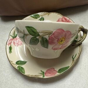 Franciscan dessert rose pattern Ceramic cup and saucer  with Brown Stamp